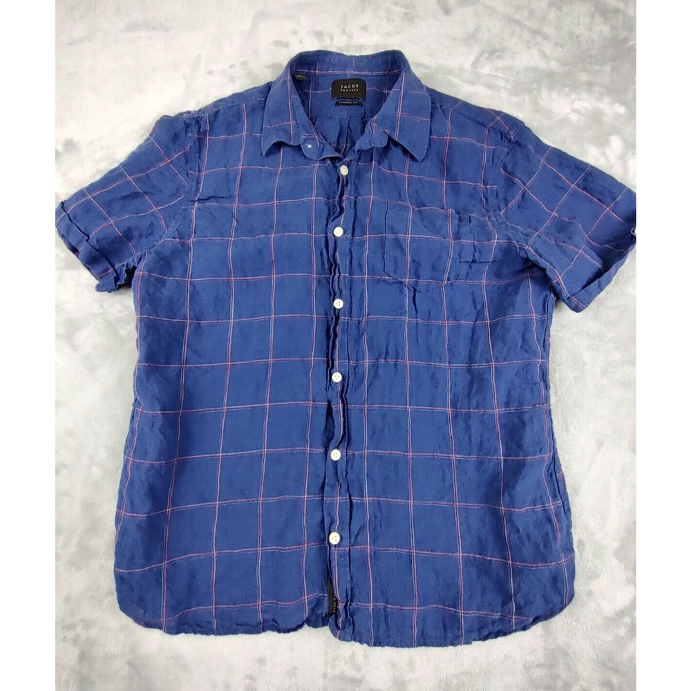 Jachs New York Men's Large Blue 100% Linen Classic Fit Button‎ Short Sleeve